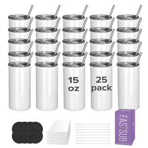 FASTSUB 15 oz Sublimation Skinny Tumblers with Straw and Lid 25 Pack, Sublimation Blank Vacuum Insulated Stainless Steel Cups