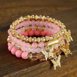 Bohemian Chic Butterfly Shaped Multi-Layer Beaded Link Bracelet 4pcs 2024 New Arrival Colorful Beads Adjustable Clasp Perfect Gift for Women Jewelry