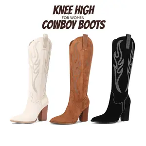 CELNEPHO Women Cowboy Boots Pointed Toe Suede Western Reinstones Side Zipper Closure Chunky Block Heel Easy Pull on Tabs Country Wedding Spring Dress Shoes