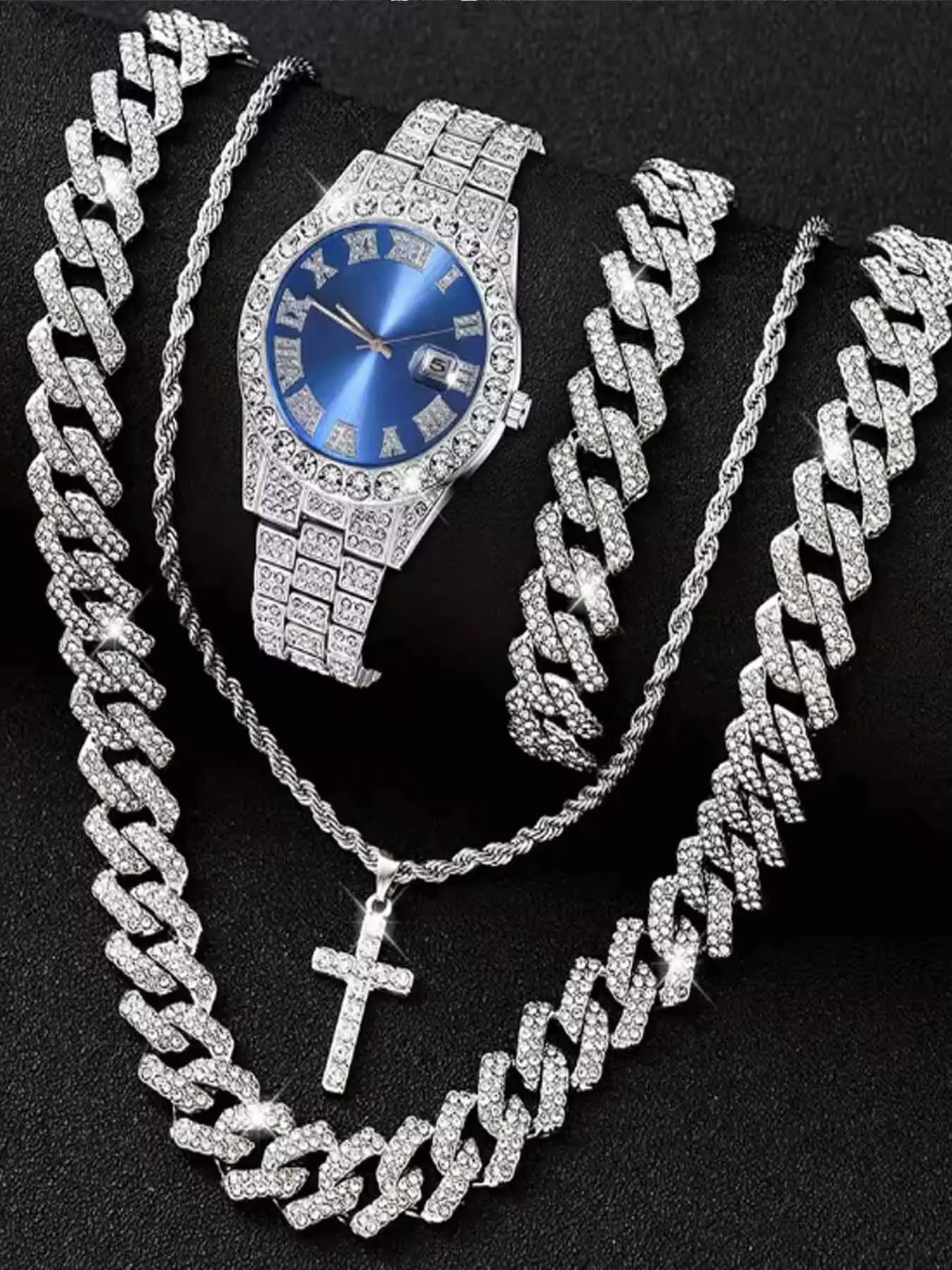 Quartz Watch Set, Cuban Necklace Bracelet, Cross Classic All Diamond Watch Shining Luxury, Holiday Gift Giving, Vintage Jewelry Set, Elegant Jewelry Set, Jewellery Gift Set