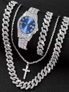 Quartz Watch Set, Cuban Necklace Bracelet, Cross Classic All Diamond Watch Shining Luxury, Holiday Gift Giving, Vintage Jewelry Set