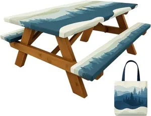 6ft Polyester Picnic Table Cover with Bench Covers Windproof & Waterproof Tablecloth, Perfect for Camping Gifts & RV Essentials, Cool Camping Gadgets, with Carrying Bag, 72x30 Inches, 4Pcs,Blue