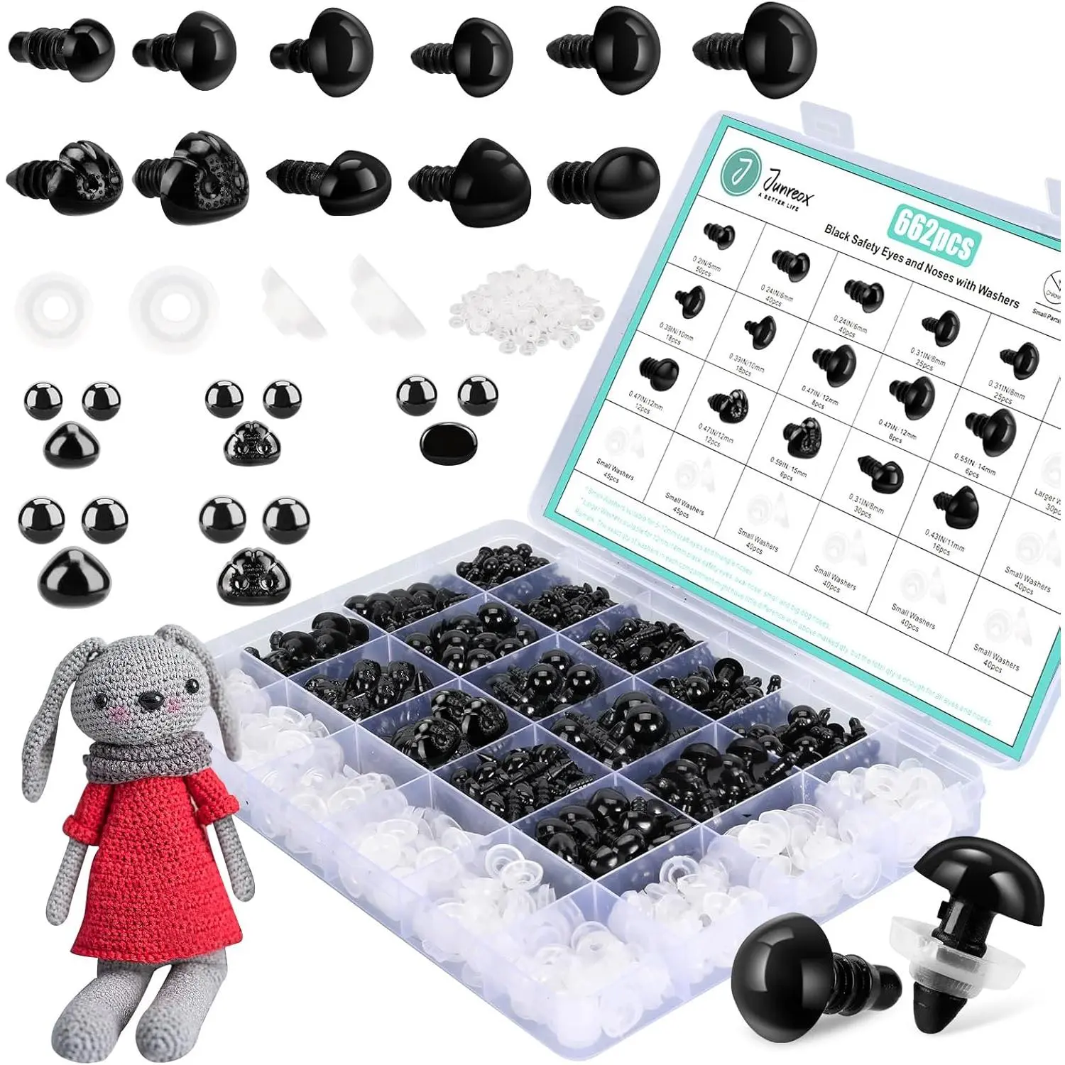 662 count Safety Eyes and Noses for Amigurumi,  Preimum 5-14mm Safety Eyes for Crochet Stuffed , Assorted Plastic Crochet Craft Eyes with Washers for Teddy Bear, Dolls, Plushies Toys, Black