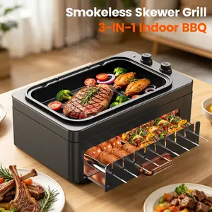 4-in-1 Smokeless Indoor BBQ Grill - Portable Electric Grill with 360° Rotating Hot Dog Roller & Kabob Skewers, Non-Stick Griddle, Adjustable Temperature Control, Removable & Dishwasher Safe - Ideal for Home, Kitchen, Apartment & Dorm Use
