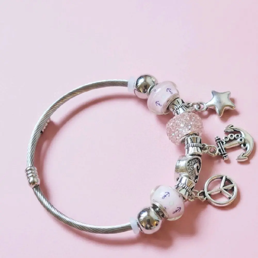 Pulsera De Dijes Acero Inoxidable Cable Trenzado DIY Hecho A Mano Esmalte Pedrería Corazón Estrella Luna Colgante Joyas Mujeres