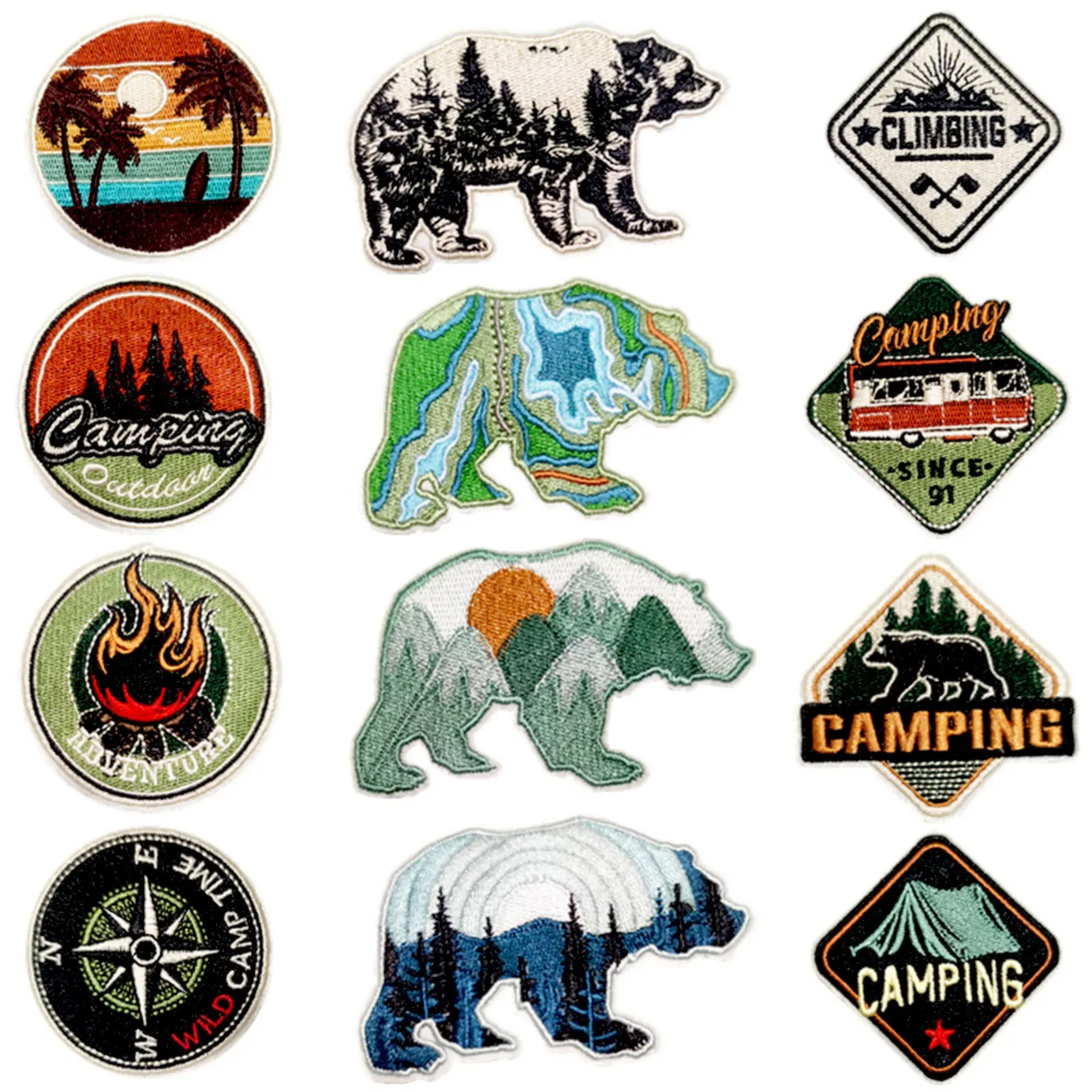 🏕️ 12PCS Outdoor Camping Iron-On Patches – Bear, Mountain, Compass! Perfect for hiking clothes & backpacks. Easy DIY! #irononpatches #campingdiy
