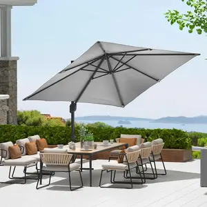 10x10 FT Offset Patio Umbrella with Base Included, 360° Rotation Large Square Cantilever Umbrella, Outdoor Sun Shade with Easy Tilt for Pool, Backyard, Deck, Garden, Grey