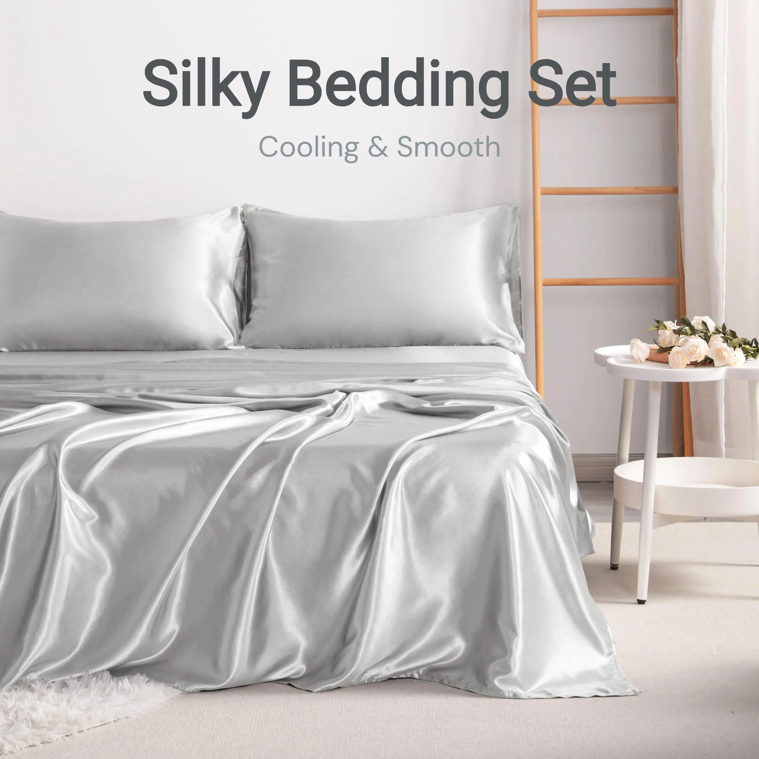 Bedsum 3/4 Piece Satin Bedding Set, Ultra Soft Silky Luxury Bed Sheets with Envelope Pillowcases, OEKO-TEX Certified, Frictionless for Hair & Skin, Anti-Acne Smooth Bedding, Queen King Size