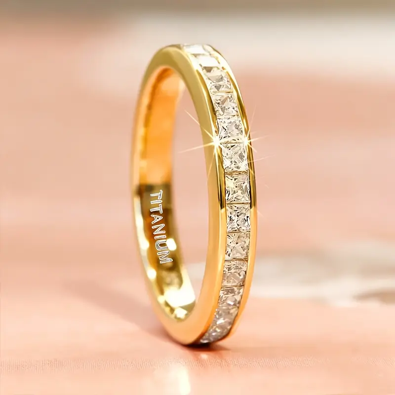 Unisex 4mm Wide Square Gold Luxury Titanium Steel Ring - Never Fade, Fashionable, Simple, Zirconia Wedding Engagement Costume Jewelry Gift
