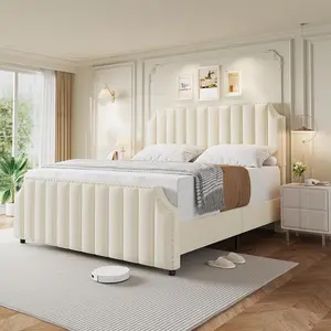 QUEEN/King Velvet Bed Frame, Metal Platform Bed Frame with Nailhead Trim, 50.2 in Tall Headboard, Footboard, Sturdy Wooden Slats Support, Noise Free