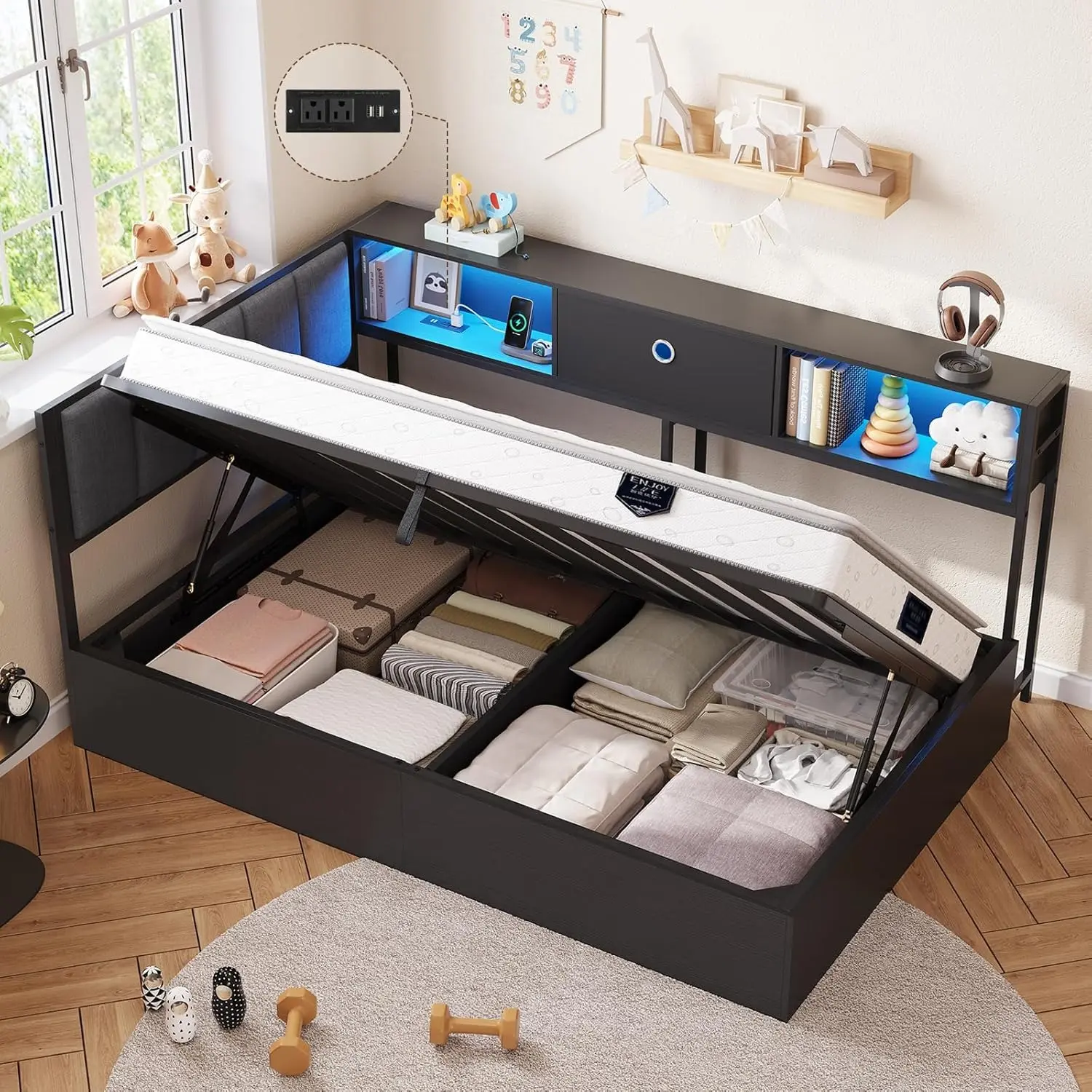 Sikaic Corner Lift up Storage Bed Frame with LED Lights and Charging Station Daybed for Kid/Teen with Hydraulic Storage and Bookcase, Platform Corner Bed with Upholstered Headboard Summerwins