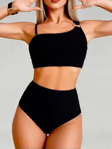 SwimWeek Two Piece Swimsuit for Women High Waisted Bikini Set Crop Cami Tankini Top Stretchy Sleeveless Swimwear Black