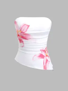 Women's Light Strapless T-Shirt with Lily Flower Pattern, Elegant Casual Style for All Seasons, Perfect for Weddings and Vacations