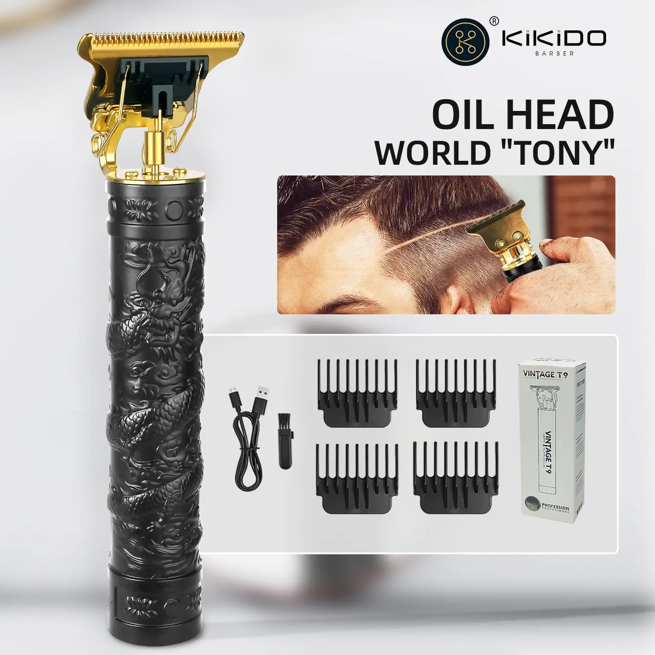 Kikido Vintage T9 Cordless Oil Head Trimmer - Professional Barber-Use Men's Hair Clipper with 0-Gap Fade Precision, Dragon Design, Rechargeable Battery, USB Powered