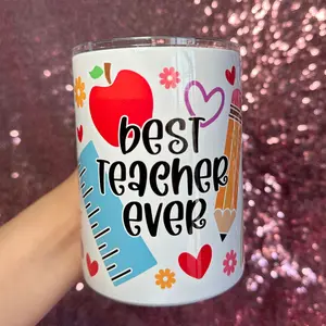 Best Teacher Ever 12oz Stainless Steel Mug Insulated for HOT AND COLD Drinks. Comes With Clear Lid and Reusable Straw