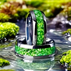 1 Men's 8mm 304 Stainless Steel Ring with Synthetic Green Inlay - -Green Marbling Effect, Comfort Fit Minimalist Modern Design, Durable Everyday & Special Occasion Jewelry, Anniversary/Birthday/Christmas/Valentine's Gift for Men, Wedding Band Alternative