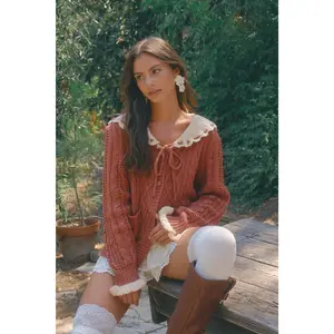 Two-Tone Crochet Collar Cable Knit Cardigan - Terracotta