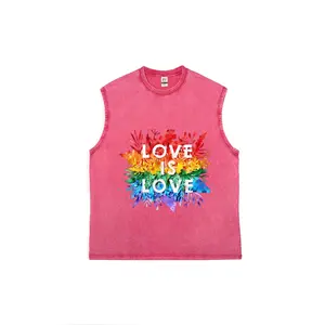 Love Is Love Pride Sleeveless Tank Top | Pink Vintage Washed LGBTQ+ Graphic Muscle Shirt | Soft Cotton Rainbow Tropical Pride Tee | Casual Streetwear | Perfect Gift for Pride Month & Allies