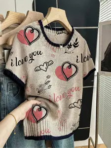 Heart Letter Print Round Neck Sweater, Casual Short Sleeve Knitwear for Spring Summer Fall, Comfortable Warm Women's Clothing