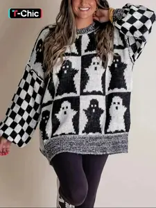 Halloween Plaid Oversized Sweater, Ghost Pattern, Breathable Round Neck Colorblock Long Sleeve Knitwear, Spring & Fall Casual Wear, Womenswear