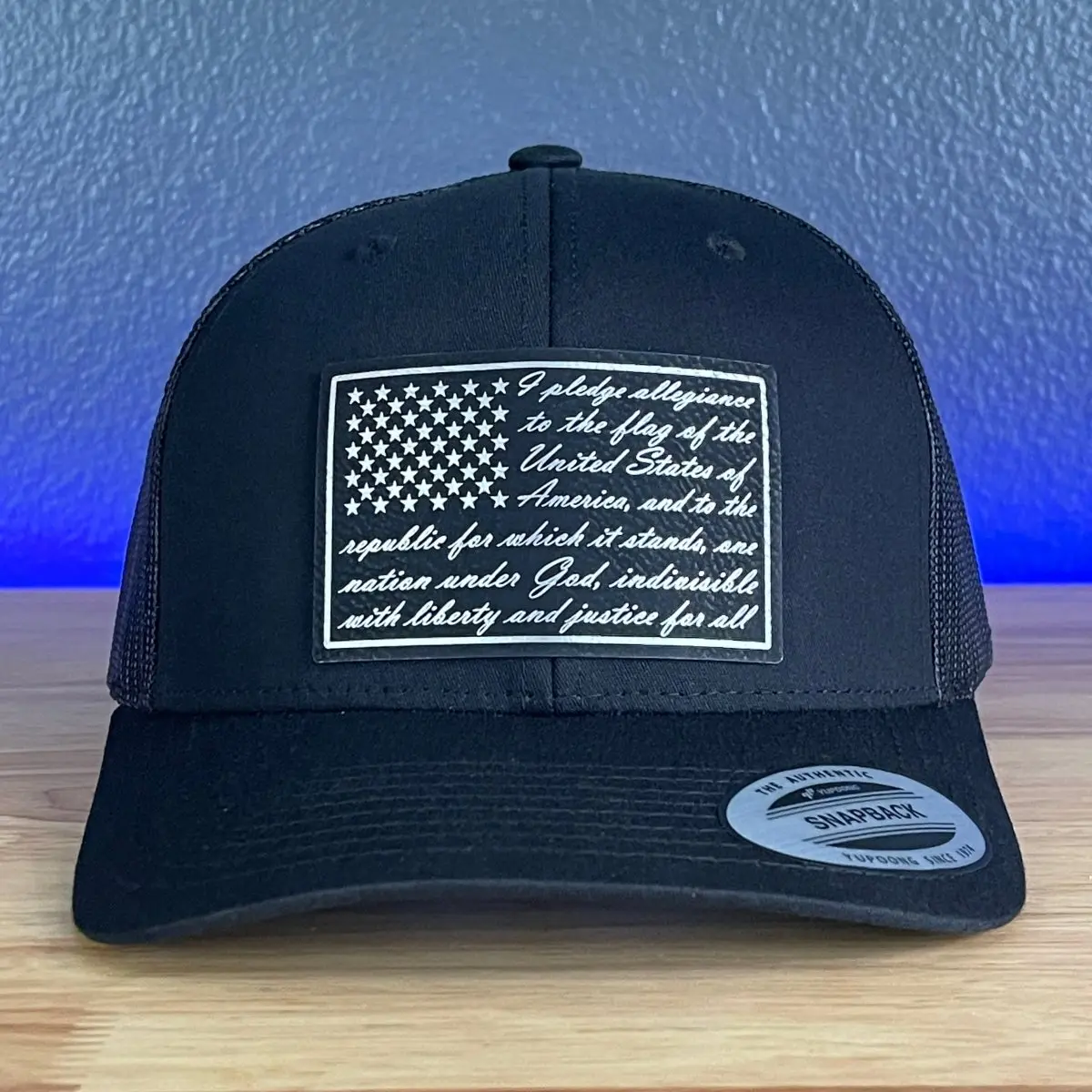 The Pledge of Allegiance American Flag Patriotic SnapBack Leather Patch Trucker Hat Black/Silver