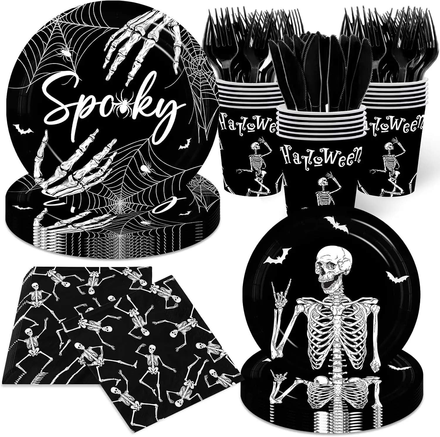 Halloween Tableware Spooky Skeleton Paper Plates,Skull Party Decorations 144Pcs Halloween Paper Plates,White Smiling Skeleton Spide Web Tableware,Mexican Independence Day Fiesta Halloween Supplies