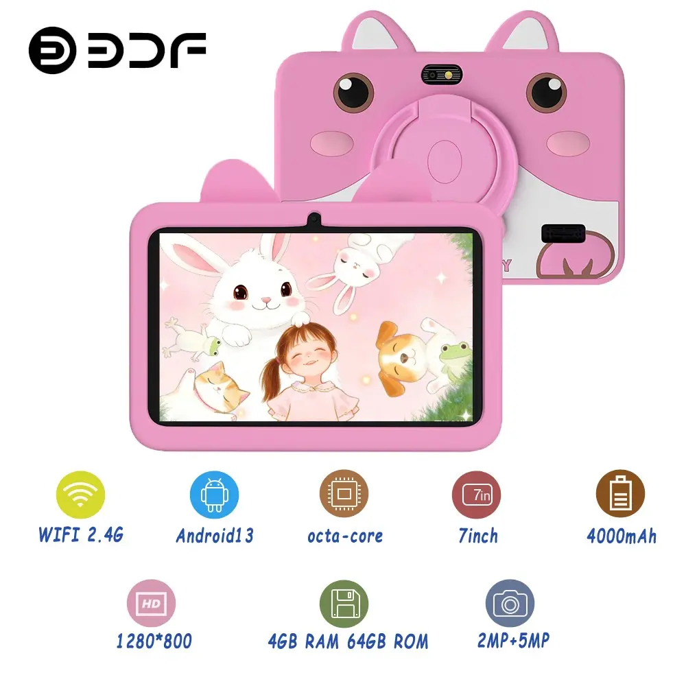 7-inch children's tablet Android 13 4GB RAM 64GB ROM Q version cute rabbit appearance, parents can control software education and learning program with WIFI function, shockproof silicone protective cover can support protective cover