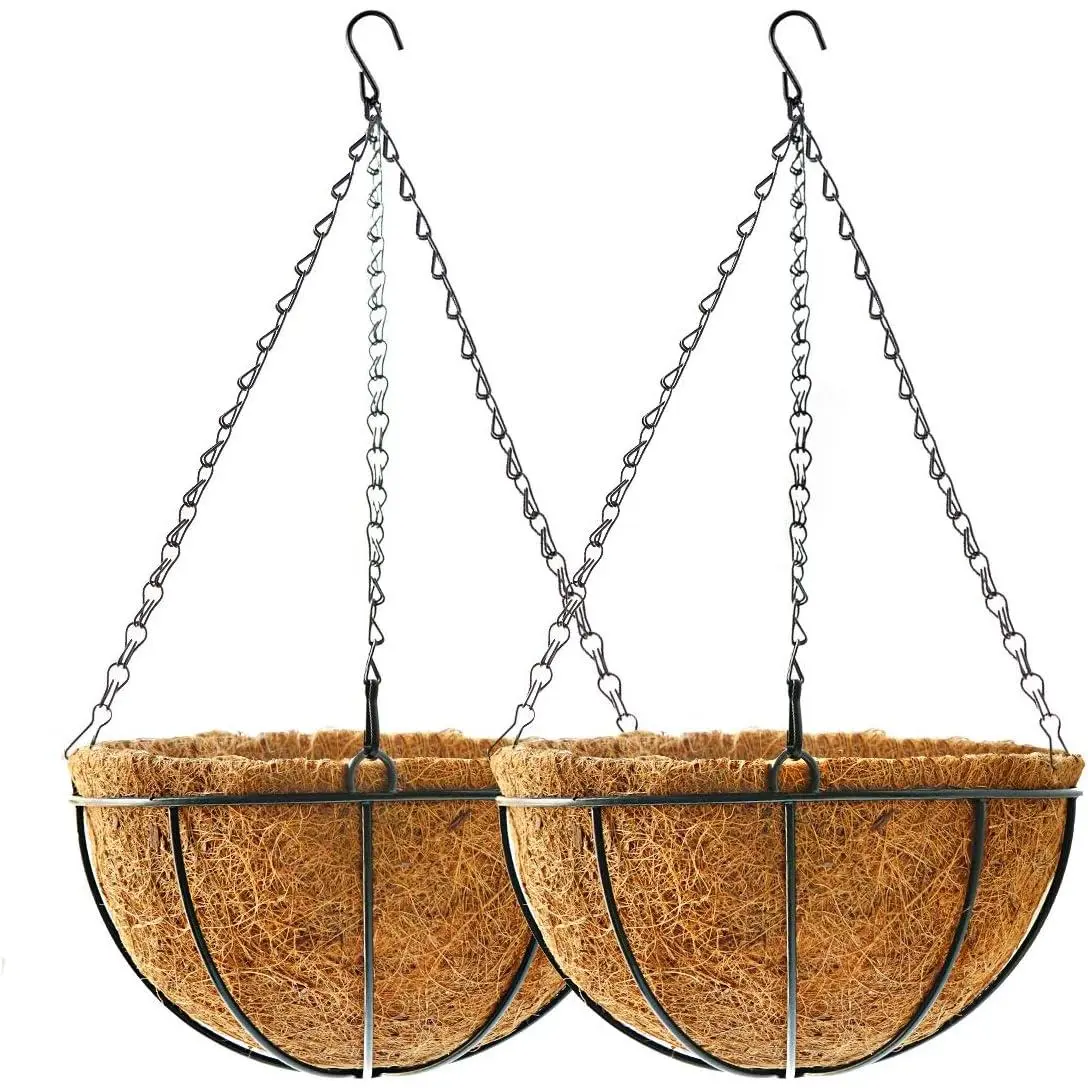 16"x6" Power-Coated Metal Wire Round Hanging Baskets (2-Pack) with Coco Fiber Liners - Space-Saving Outdoor Decor Flower Holder for Garden, Porch