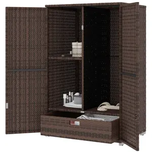 Tall Poolside Cabinet With Sealed Shelves Behind Doors Handwoven PE Plastic Rattan Patio Storage For Towels And Sunscreen Drawer For Goggles And Swim Caps