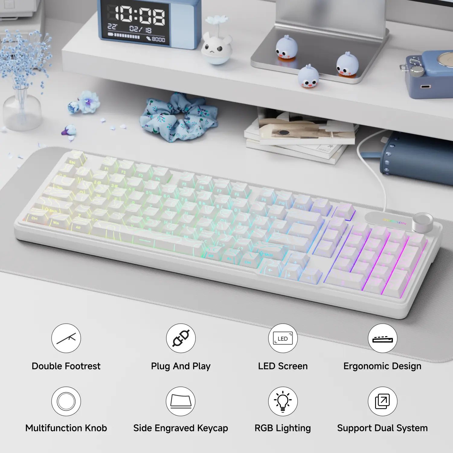 EWEADN V102 wired Gaming Keyboard, 99 Keys with Smart Display & Knob, RGB Backlight, Quiet Typing, Contour Keycaps, Ergonomic Design, USB Computer Keyboard for PC MAC Xbox Laptop White