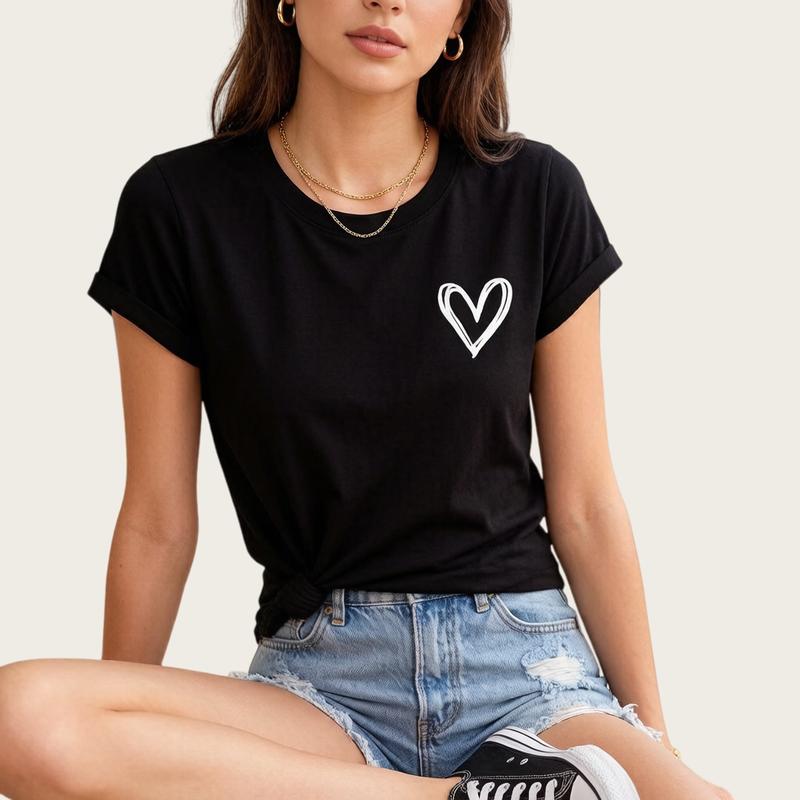 Women's Fashion Soft Cotton Crew Neck Short-Sleeve T-Shirt - Cute Heart Print, Pull-On Everyday Summer Casual Graphic Top with Playful Touch