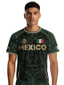 Mexico Soccer Jersey Aztec Calendar Heritage Design, Fitted Short Sleeve Top, All Seasons Wear, Letter Pattern, Sports Top, Jersey Shirt