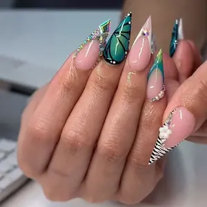 24pcs Butterfly Rhinestone Nail Tips, Sweet Cool Girl Style, Removable Almond Shape Medium Nails, Y2K Nail Art Set
