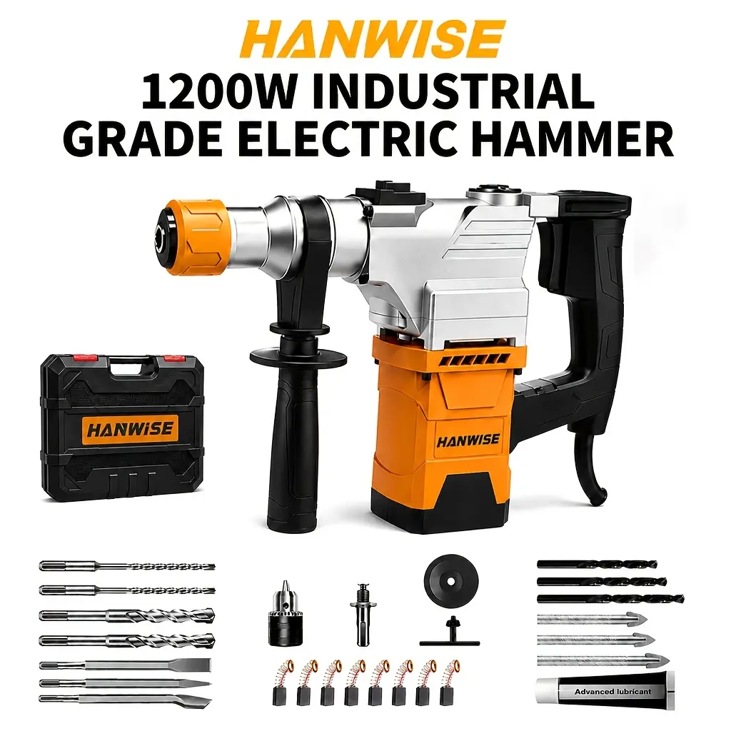 HANWISE 3-in-1 Multi-Function Corded Rotary Hammer Drill with Complete Accessories, For Drilling, Chiseling & Demolition, Heavy-Duty Power Tool for Concrete, Tile, Wall & Stone, Ergonomic Design for DIY Enthusiasts