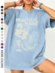 Women's Practical Magic Casual Style Graphic Printed Round Neck T-Shirt, Stylish Summer Tee for Daily Vacation Wear, Loose-Fit Baggy Oversize Thin Fabric for Spring & Fall