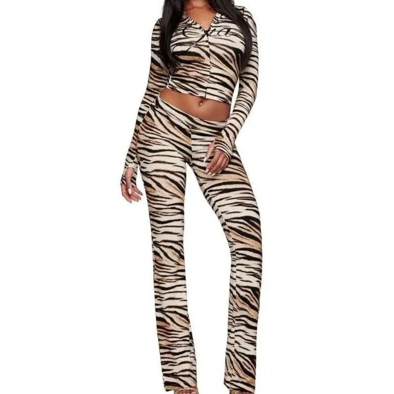 Women's Leopard Print Color Block Stretchy Sporty Hooded Jacket & Pants Two Piece Tracksuit Set - Casual Athletic Comfortable Ladies Outfit, Premium Stylish Apparel for Daily Wear, Gym Workout, Streetwear, Outing & Casual Occasions