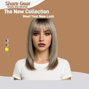 Sharegear Hair Mid-Length Straight Glueless Synthetic Wig with Layered Air Bangs 14 Inches Light Golden Gradient Blonde Brown Highlights for Women