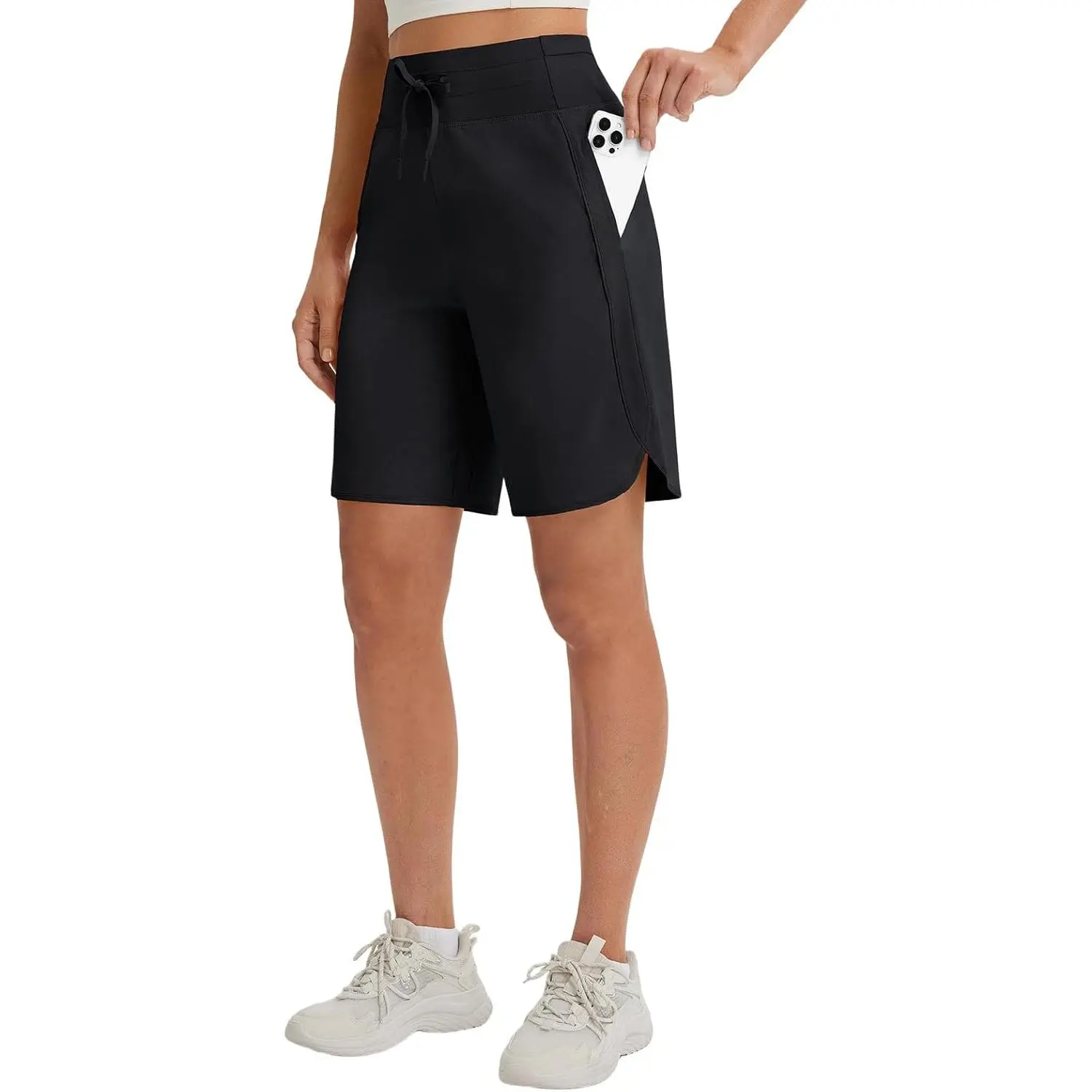 Baleaf Women's 9" High-Waisted Bermuda Shorts, Quick-Dry UPF 50+ Casual Athletic Elastic Sporty Fitness Workout Shorts with Phone Pockets for Active Play & Athleisure Wear, Casual Athletic Shorts, Elastic Sporty Shorts