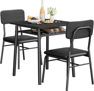 Gaomon Modern 3-Piece Compact Dining Table Set for 2, Square Form Wood Top Small Kitchen Table with Metal Legs, 2 Upholstered Chairs, Easy Setup Storage Rack for Dining Room, Apartment, Black