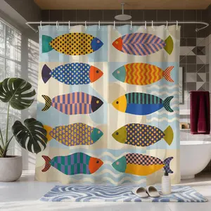 Patterned Geometric Fish Shower Curtain, Playful Geometric Illustration Style Bathroom Decor, Waterproof and Moisture Resistant, Includes 12 Hooks, Suitable for SPA Salons, Homes, Hotels, Dormitories