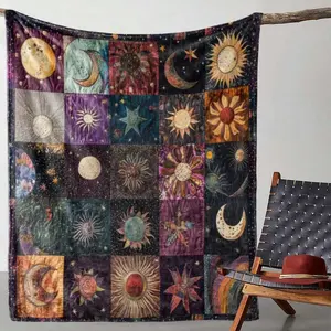 1 Flannel Blanket, Sun And Moon Patchwork 2D Flat Printed Blanket, Warm, Cozy, And Soft Blanket, Suitable For Sofa, Bed, Couch, Car, Office, Camping, And Travel, Gift Blanket For All Seasons, 2D Flat