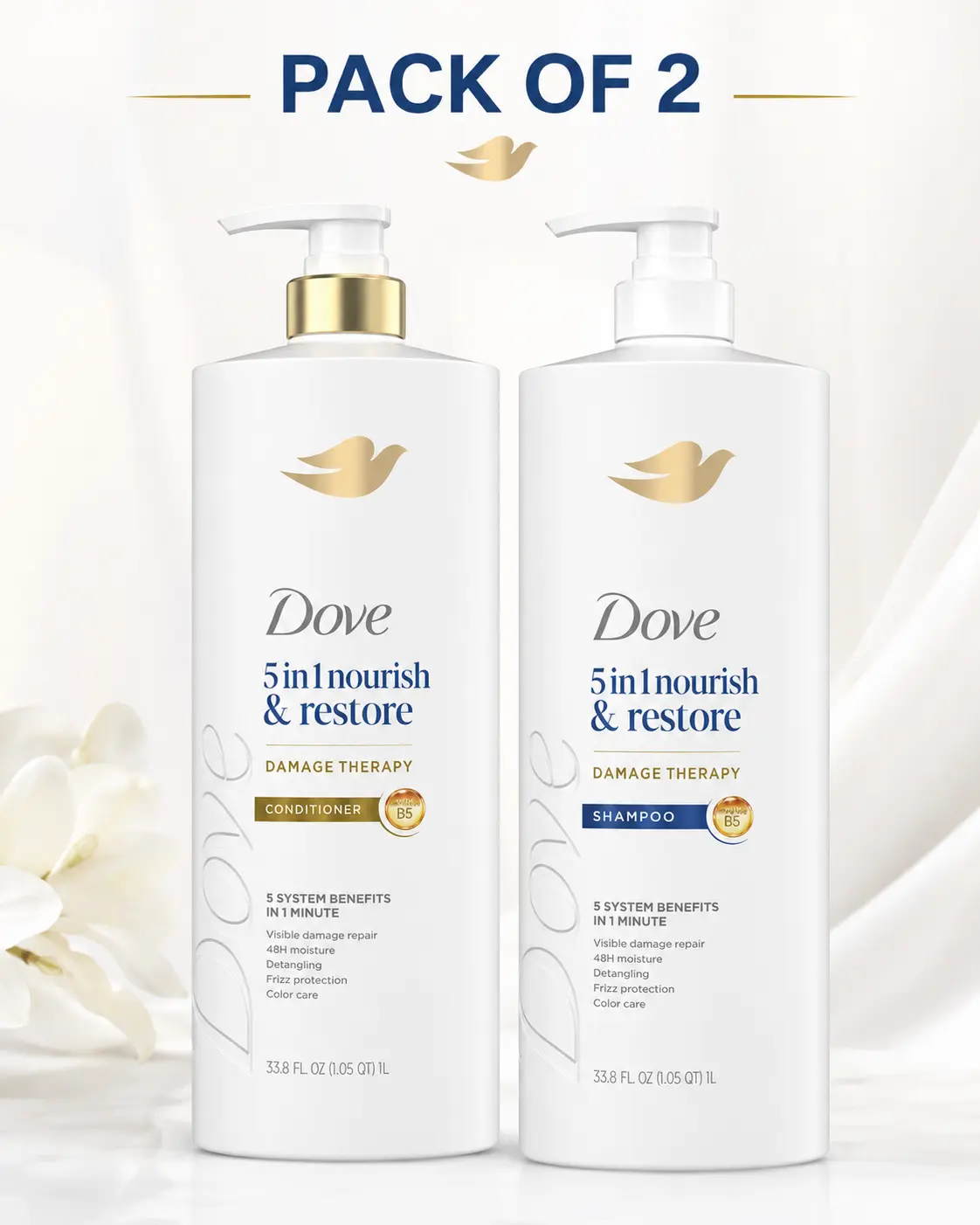 Dove Shampoo + Conditioner Nourish & Restore 5-in-1, Set of 2: 33.8 fl. oz each. Damage Therapy, visible damage repair, 48h moisture, detangling, frizz protection, color care, hair care, personal care, styling
