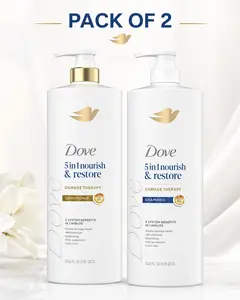 Dove Shampoo + Conditioner Nourish & Restore 5-in-1, Set of 2: 33.8 fl. oz each. Damage Therapy, visible damage repair, 48h moisture, detangling, frizz protection, color care, hair care, personal care, styling