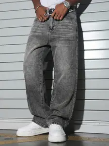Men's Casual Loose Wide Leg Jeans, All Seasons Street Style, Pure Color Pocket Design, Fashionable Retro Denim Jeans