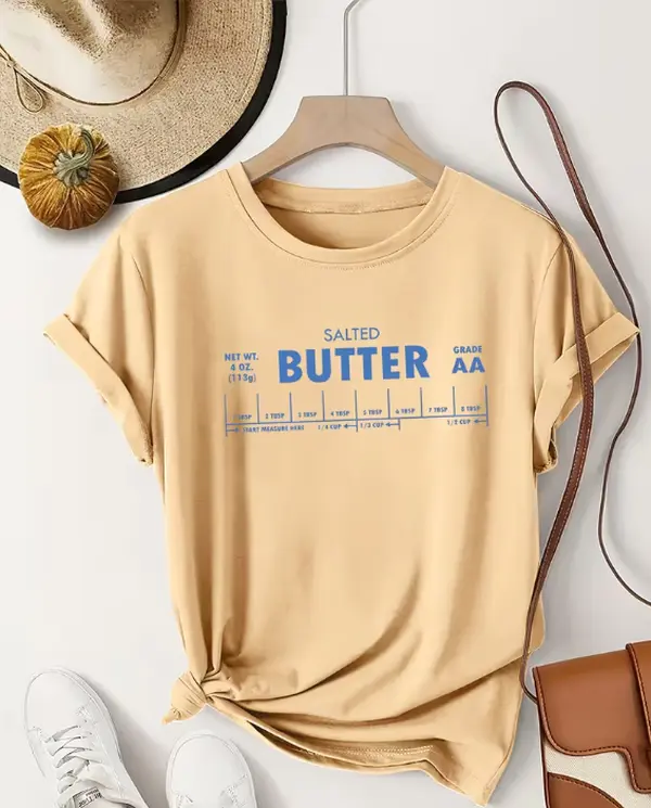 Vintage Salted Butter Baking Measuring Scale Blue Print Women's Tan Short Sleeve Casual T-Shirt/Baking Lover Gift T-Shirt, Retro Salted Butter Measuring Cup Scale Minimal Kitchen Oversized Casual Top