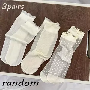 Women's 3/6/12/24-Pair Basic Ultra-Thin Pleated Cute Textured Tubesocks, Japanese Breathable Mid-Tube/Long-Tube Socks, Ideal for Spring Summer Daily Wear, Outdoor Sports, Cute Textured Socks, Dotted Mid-Calf Socks