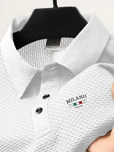 Men's Summer Polo Shirt, Quick-Dry Fabric, Casual Fitted Geometric Golf Ball Pattern, Comfortable Turn-Down Collar, Sihoutette H Style