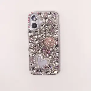 Luxury Fashion Crystal Pink Hard Case with Pearl Heart Design and Crystal Lanyard, Compatible with iPhone 17 Pro Max and 16 Plus soft tpu