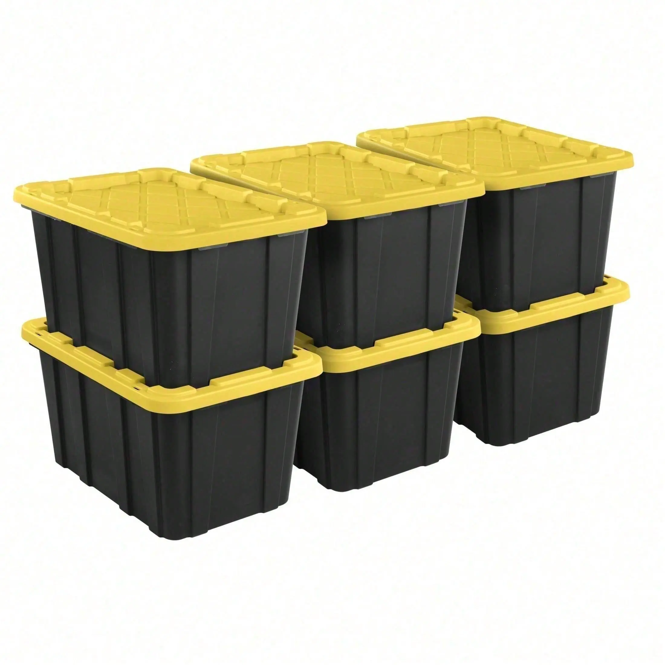 6-Pack 27 Gal Plastic Storage Bins With Lids, Stackable Storage Boxes for Garage and Home, Black and Yellow