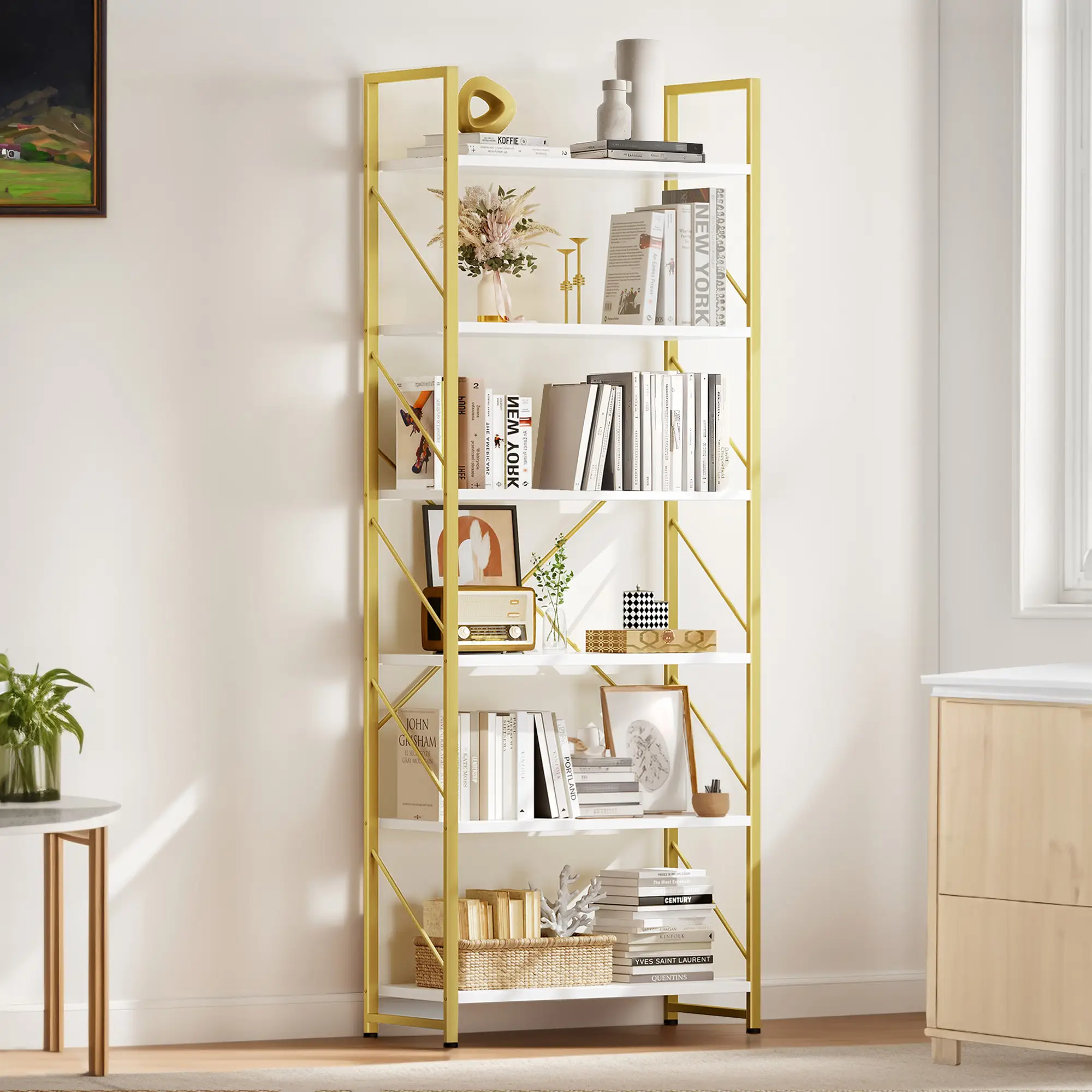 DWVO Tall Bookshelf 6 Tier Bookcase, Modern Gold Book Shelf, Open Display Storage Rack Shelves for Living Room/Home/Office/Kitchen, Holder Organizer f